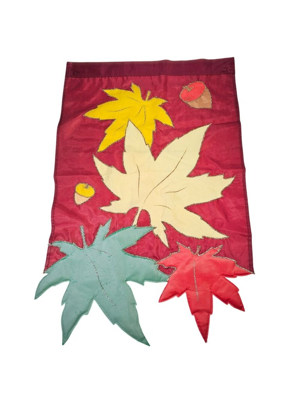Autumn Maple Leaf & Acorns Appliqué Outdoor Garden Flag 28"x44" Red 1997 NCE